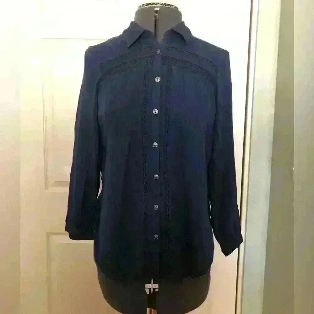 AMERICAN EAGLE OUTFITTERS DARK BLUE LONG SLEEVE BUTTON BLOUSE XS
